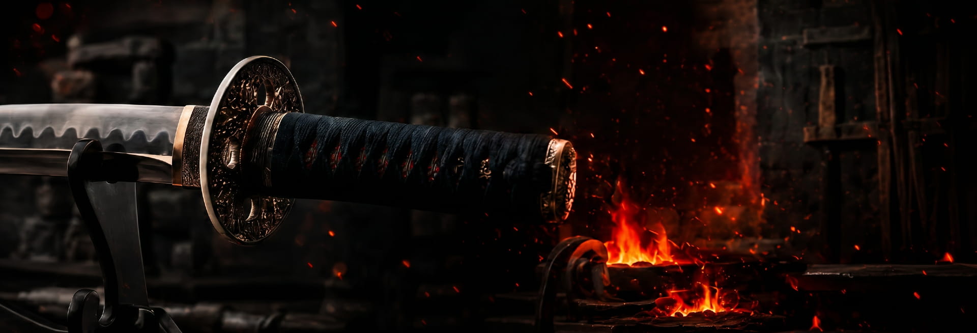 Japansk katana på ett ställ framför en smedja